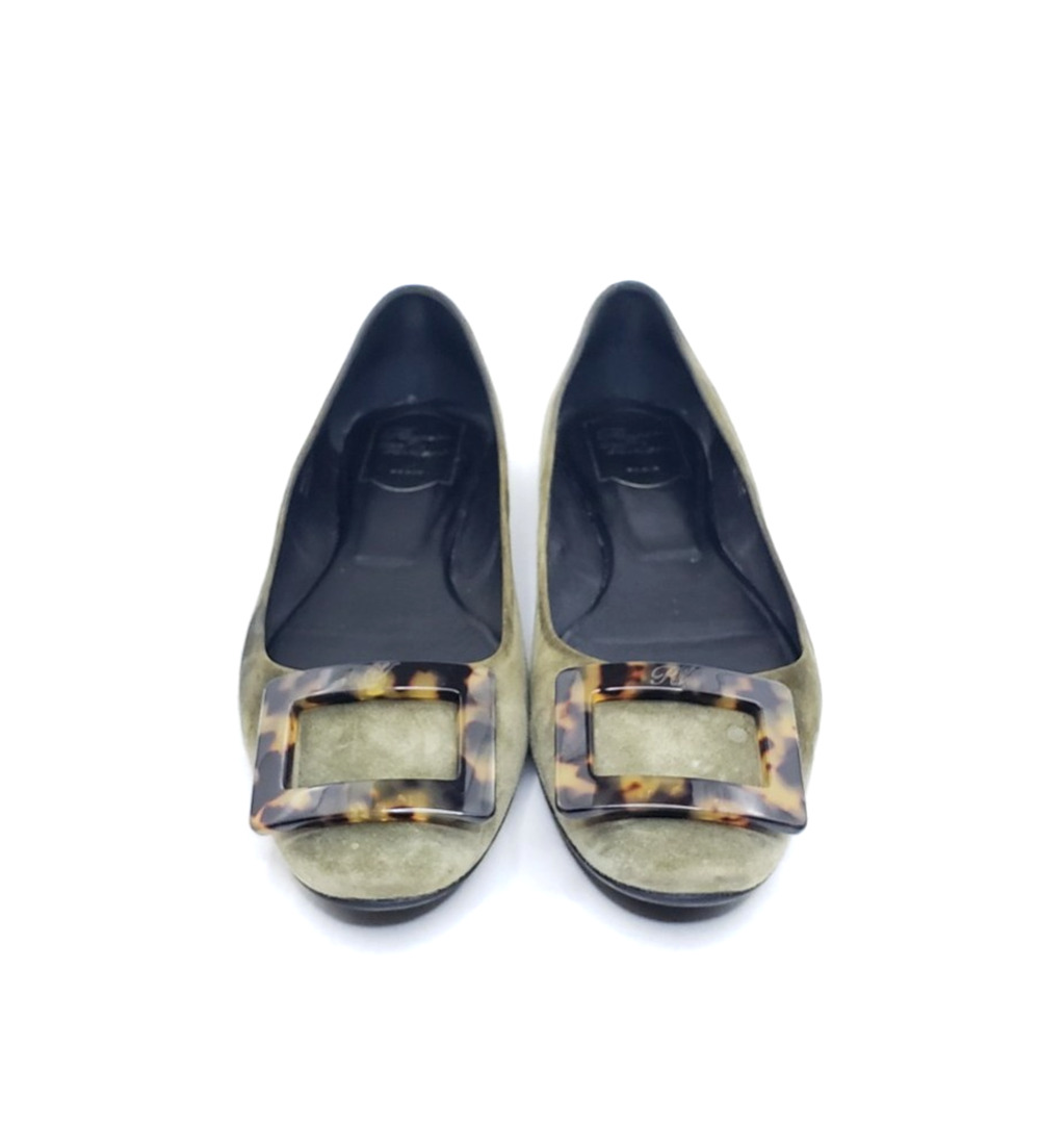 Roger Vivier Gommette Womens Ballet Flats Olive Green Suede Tortoise Buckle 39